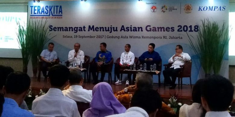 Harian Kompas dan PP Kagama menggelar diskusi terkait persiapan Indonesia menggelar Asian Games 2018, di Aula Wisma Kemenpora, Jakarta, Selasa (19/9/2017).