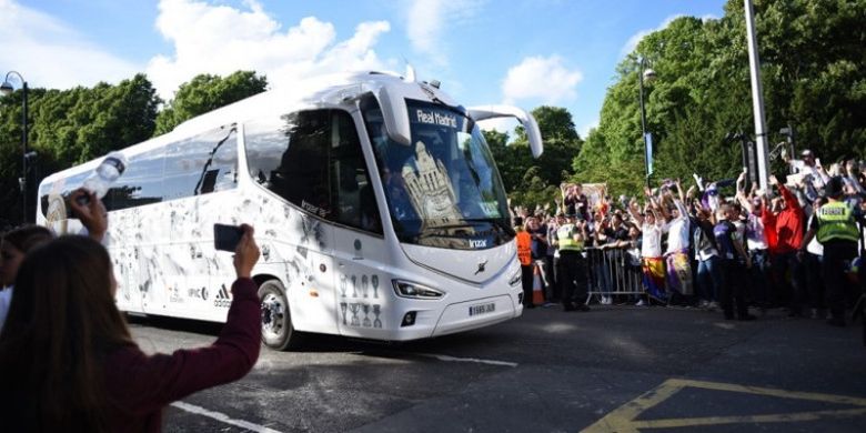 Bus Real Madrid tiba di Stadion Millennium, Cardiff, menjelang partai final Liga Champions kontra Juventus, 3 Juni 2017.