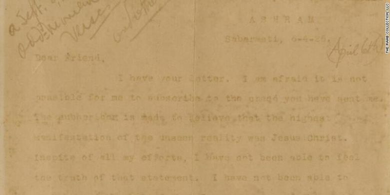 Penggalan surat Mahatma Gandhi yang mengungkapkan pandangannya tentang Yesus Kristus kepada sahabatnya yang merupakan pemuka agama Kristen di Amerika Serikat pada 1926, Milton Newberry Frantz.