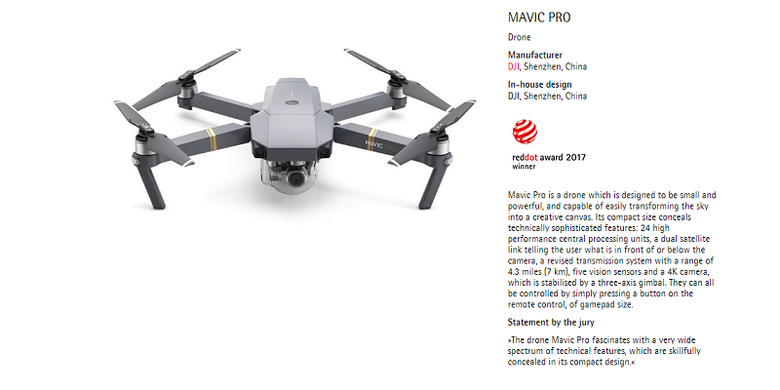 Drone DJI Mavic Pro memenangkan product design reddot award 2017
