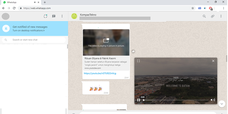 Tangkapan layar tampilan fitur Picture in Picture di WhatsApp Web