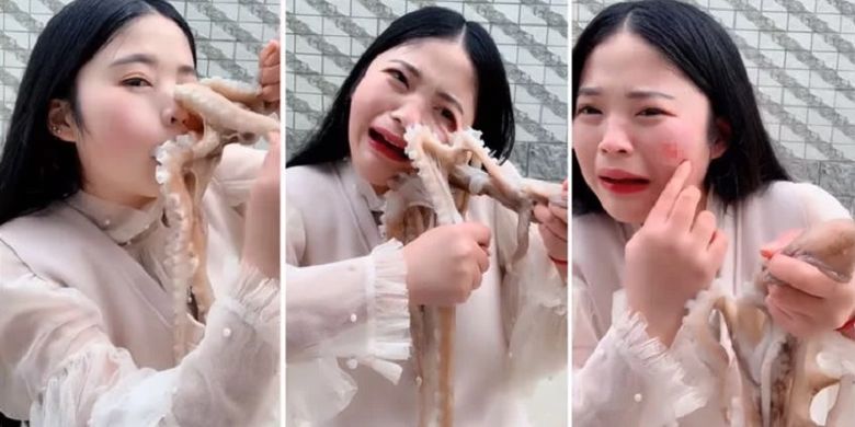 Potongan video memperlihatkan seorang influencer wanita di China berusaha melepaskan diri dari tentakel gurita ketika melakukan siaran makan (mukbang).