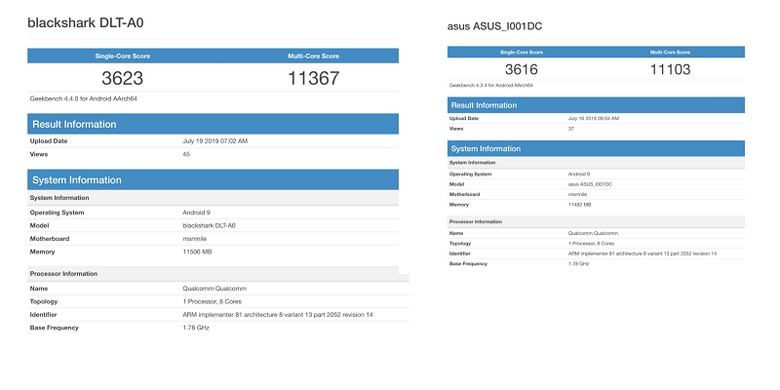 Tangkapan layar skor benchmark Geekbench Snadrgaon 855 di  Balck Shark 2 (kiri) dan Asus ROG II (kanan).