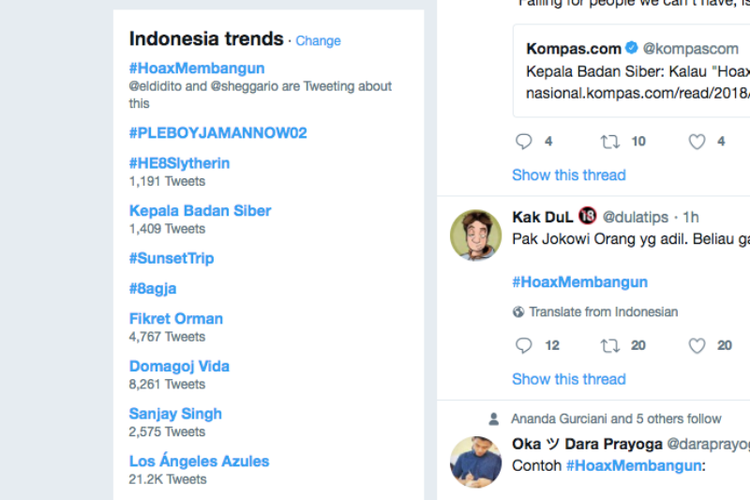 tagar #HoaxMembangun jadi trending topic di Twitter Indonesia, Rabu (3/1/2018) sore.