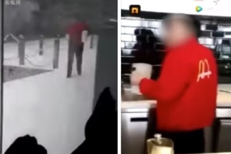 Salah satu konsumen McDonalds merekam aksi karyawan yang mengambil salju di jalan dan menaruhnya di tempat air minum, di Helong Park, gunung Tianzi, salah satu lokasi wisata yang terkenal di Provinsi Hunan, China, pada Senin (29/1/2018). (Rekaman YouTube)