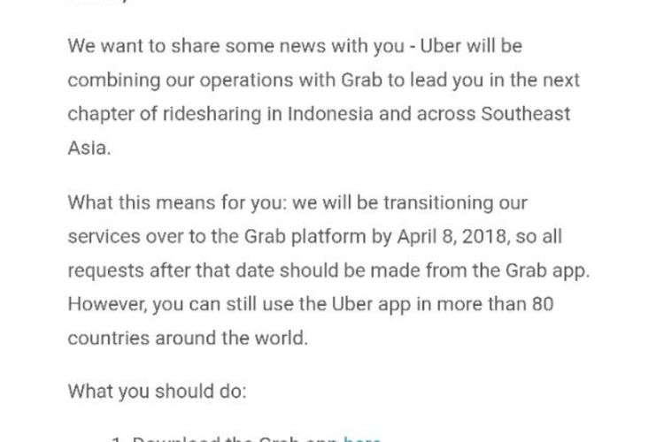 E-mail pemberitahuan yang disampaikan ke pengguna Uber di Indonesia.