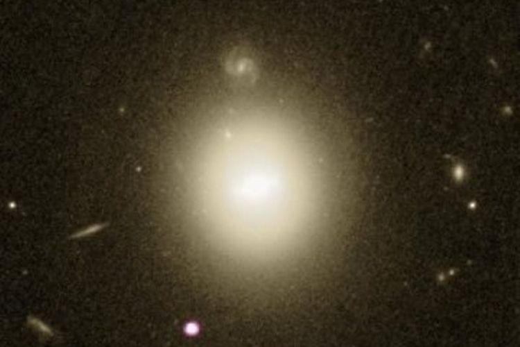 Gambar ini menunjukkan data dari NASA / ESA Hubble Space Telescope (kuning-putih) dan Chandra X-ray Observatory NASA (ungu). Sumber ungu-putih di kiri bawah menunjukkan emisi sinar-X dari sisa-sisa bintang yang robek karena jatuh ke lubang hitam massa menengah. Galaksi tuan rumah dari lubang hitam terletak di tengah-tengah gambar.
