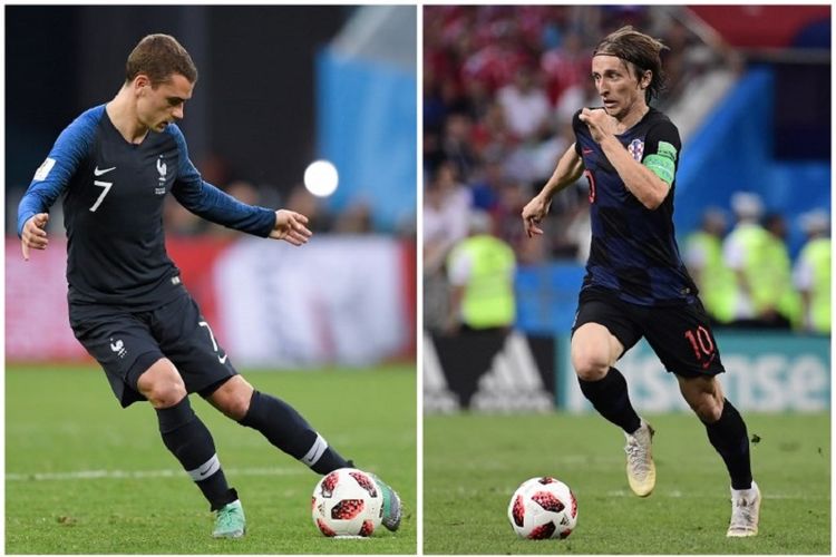 Antoine Griezmann dan Luka Modric akan menjadi sentral permainan dalam duel Perancis vs Kroasia pada final Piala Dunia 2018 di Stadion Luzhniki, 15 Juli 2018. 