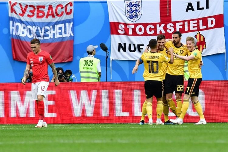 Para pemain Belgia merayakan gol Thomas Meunier ke gawang Inggris pada pertandingan perebutan posisi ketiga Piala Dunia 2018 di St. Petersburg, 14 Juli 2018. 