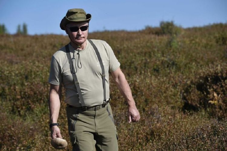 Dalam foto yang dirilis Kremlin, terlihat Presiden Vladimir Putin mengenakan pakaian khaki dan topi ketika menyusuri hutan di Region Tuva, Siberia, pada pekan lalu.