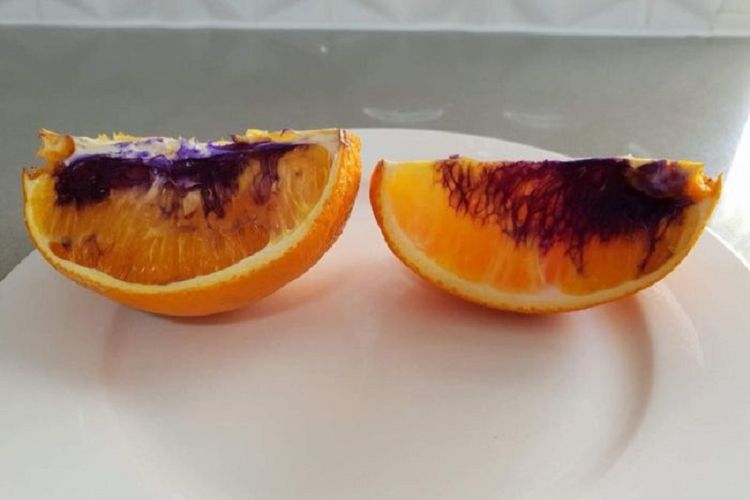Jeruk di Australia berubah jadi ungu setelah dikupas dan didiamkan beberapa jam