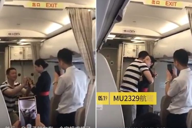 Pramugari maskapai China Eastern Airlines dilamar sang kekasih saat penerbangan Xi An menuju Yinchuan pada Mei lalu. (Asia One)