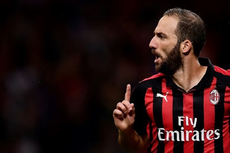 Penyerang AC Milan, Gonzalo Higuain, ketika sempat merayakan gol ke gawang AS Roma pada pertandingan Serie A di San Siro tetapi kemudian dianulir wasit, 31 Agustus 2018. 