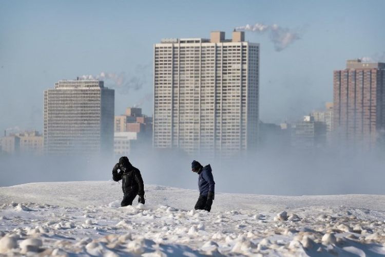 Warga berjalan di sepanjang Pantai North Avenue pada Rabu (301/1/2019) di Chicago, Illinois, Amerika Serikat. (AFP/SCOTT OLSON)