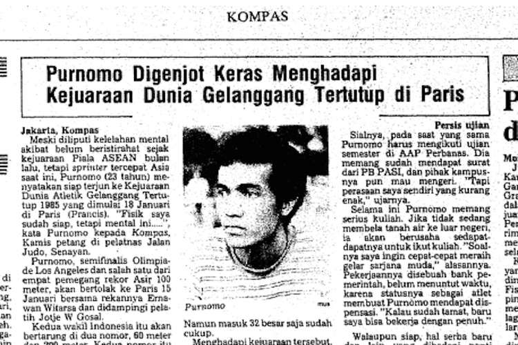 Cuplikan berita olahraga Harian Kompas pada 4 Januari 1985 mengenai persiapan Purnomo jelang Kejuaraan Dunia di Paris. 