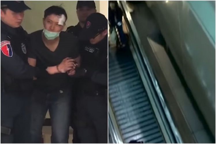 Foto kiri, warga AS bernama Chan ketika digelandang polisi karena melemparkan istrinya dari lantai 4 bandara.