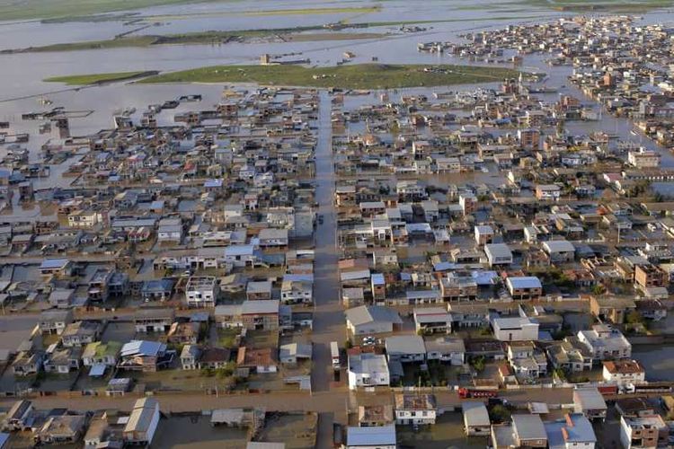 Wilayah yang dilanda banjir di desa Agh Ghaleh, Iran utara. Foto ini dirilis oleh kantor berita Iran Fars News pada 23 Maret 2019. (AFP/Fars News/Ali Dehghan)