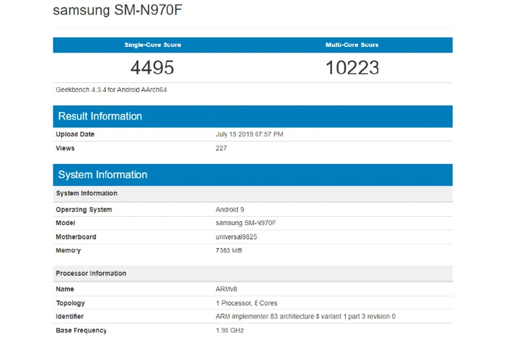 Tangkapan layar skor benhcmark Geekbench Galaxy Note 10 bernomor model SM-N970F.