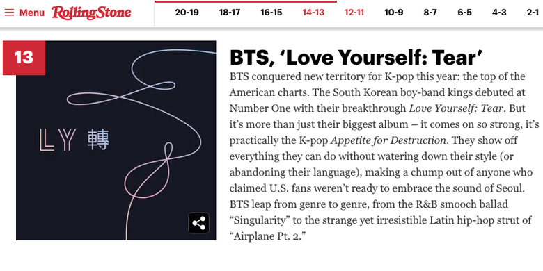 Album Love Yourself: Tear milik BTS masuk ke dalam daftar 20 Album Pop Terbaik 2018 versi majalah Rolling Stone.