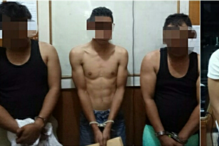 Empat orang pelaku yang diduga pesta sabu diamankan di Polres Bengkalis, Riau, Minggu (30/9/2018). Salah satu tersangka merupakan oknum anggota polisi.