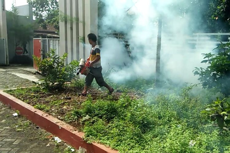 Petugas sedang melakukan fogging di sekitar rumah warga di Kecamatan Kawalu, Kota Tasikmalaya, Jumat (8/2/2019).