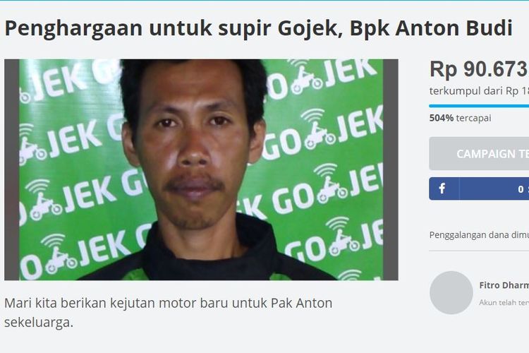 Penggalangan donasi di Kitabisa utuk Anton, pengemudi ojek online yang kehilangan motor