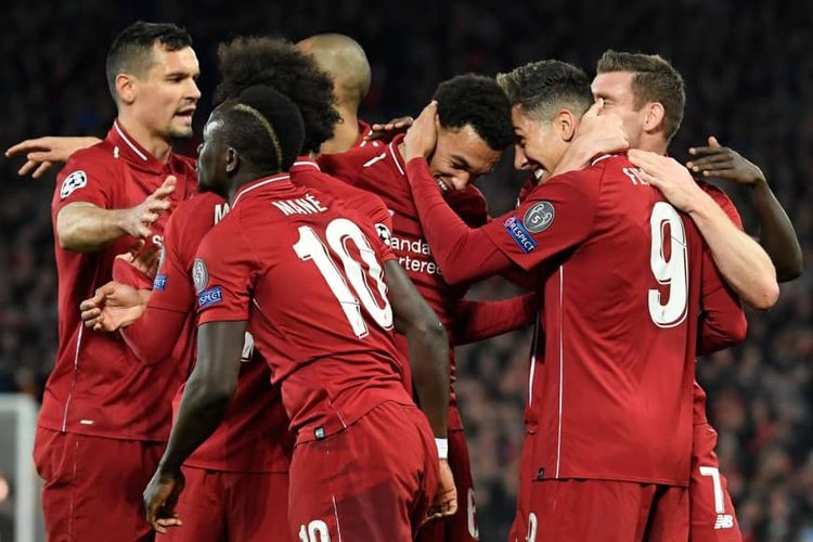 Para pemain Liverpool merayakan gol saat melakoni laga di ajang Liga Champions, Selasa (7/5/2019)