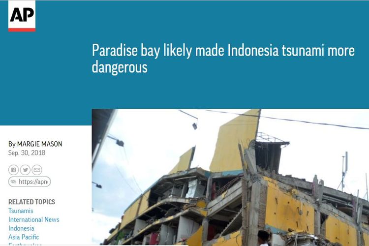 AP News tulis sebuah artikel tentang kemungkinan bahaya tsunami di wilayah perairan pariwisata Indonesia.