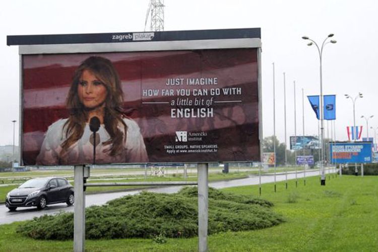 Foto Melania Trump digunakan untuk iklan kursus bahasa Inggris di Zagreb, Kroasia. 