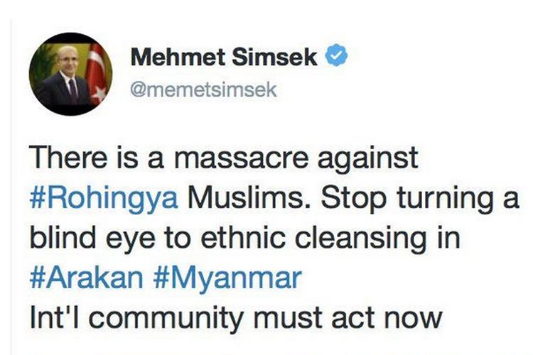 Wakil Perdana Menteri Turki, Mehmet Simsek, mengunggah empat foto, yang menuntut komunitas internasional bergerak menghentikan genosida etnis Rohingya.