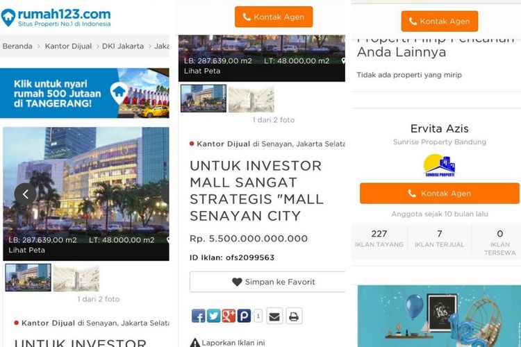 Informasi penjualan mal Senayan City tersua dalam website jual beli rumah di rumah123.com, dikunjungi pada Senin (25/9/2017). 