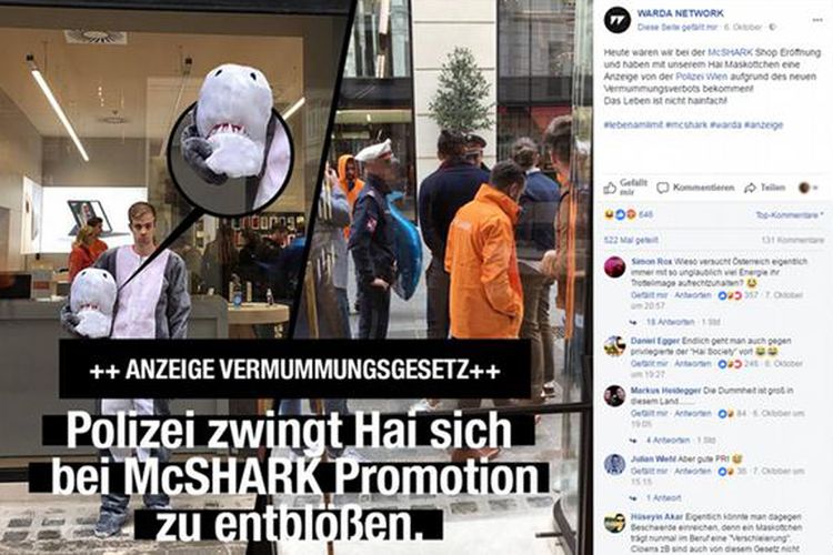 Polisi Austria menjatuhkan sanksi berupa denda kepada seorang pria yang menggunakan kostum hiu. Dia dikenai ketentuan Undang-undang anti-burka. 