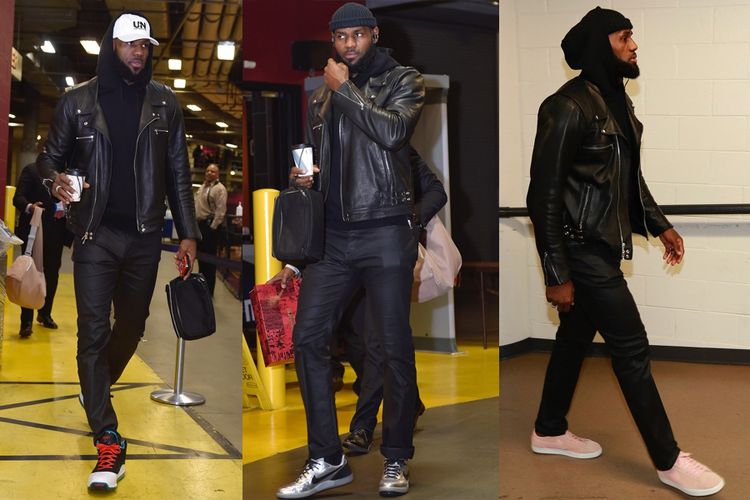 LeBron James telah memakai gaya streetwear-meet-biker ini saat tiba di stadion menjelang pertandingan, setidaknya dalam lima gim terakhir.  