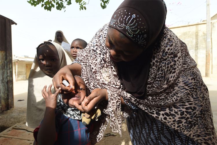 Seorang petugas kesehatan memberikan imunisasi polio di Kano, Nigeria pada 22 April 2017. PIUS UTOMI EKPEI / AFP