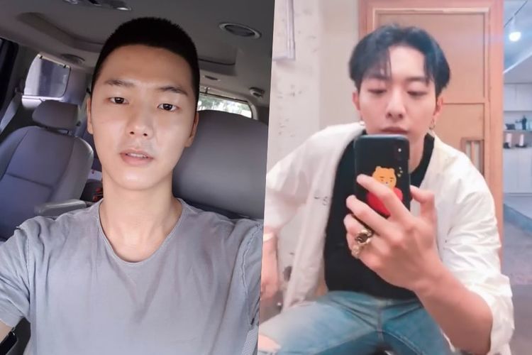 Member boyband CNBLUE, Kang Minhyuk (kiri) dan Lee Jungshin, memangkas rambut sehari sebelum masuk wajib militer, Senin (30/7/2018).