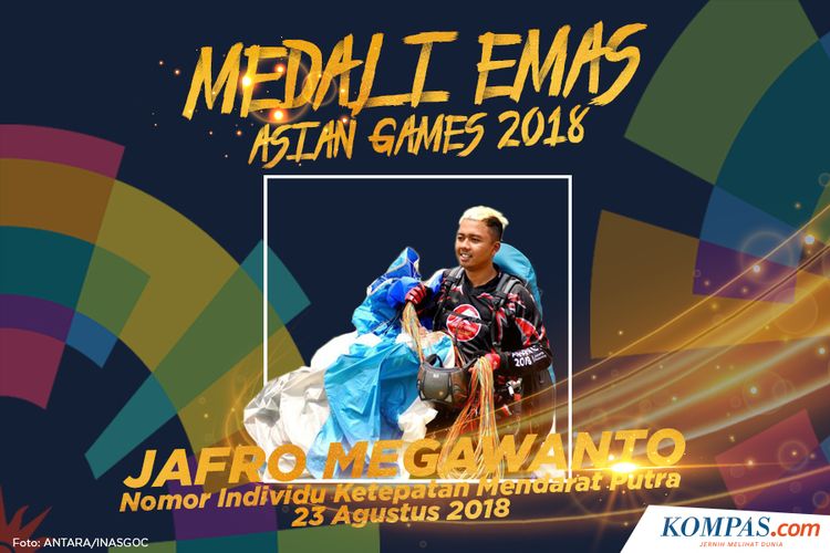 Jafro Megawanto meraih medali emas pada nomor indvidu ketepatan mendarat putra (Bogor, 23 Agustus 2018).