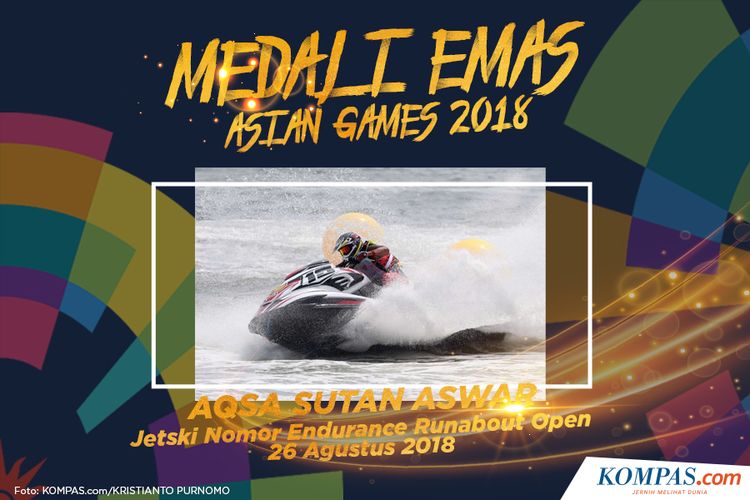 Aqsa Sutan Aswar meraih medali emas pada cabang olahraga jetski nomor endurance runaboat open (26/08/2018).