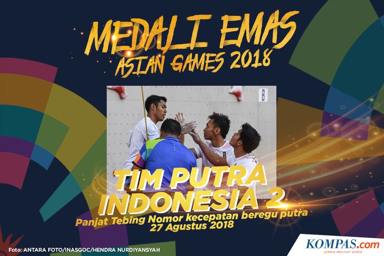 Atlet panjat tebing Indonesia Rindi Sufriyanto (kiri) Abu Dzar Yulianto (dua kanan) dan Muhammad Hinayah (kanan) mengikuti babak kualifikasi speed relay putra Asian Games 2018 di Arena Panjat Tebing Jakabaring Sport City, Palembang, Sumatera Selatan, Senin (27/8/2018).