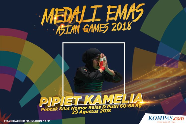 Pesilat putri Indonesia,  Pipiet Kamelia berhasil meraih medali emas pada partai final nomor kelas D putri 60 kg sampai 65 kg Asian Games 2018 di Padepokan Pencak Silat, TMII, Jakarta, Rabu (29/8/2018). 