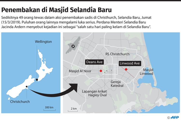 Lokasi penembakan di Selandia Baru, Jumat (15/3/2019).