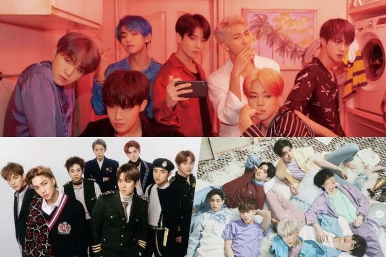 (Searah jarum jam) BTS, GOT7, dan EXO masuk nominasi Top Social Artist pada Billboard Music Awards (BBMA) 2019 yang akan digelar di Las Vegas, AS, pada 1 Mei 2019.