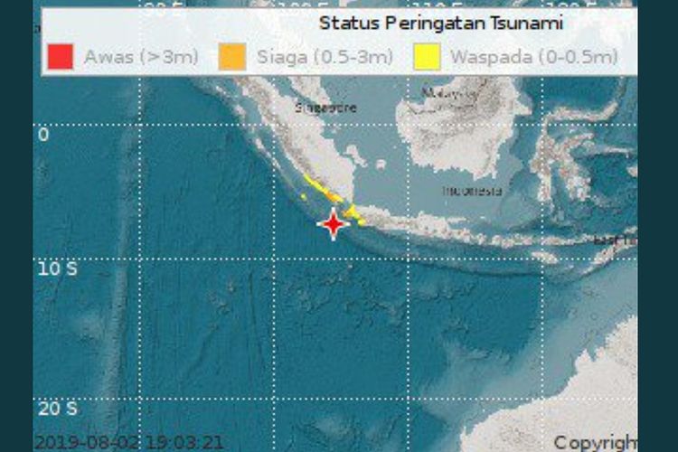 Gempa bermagnitudo 7,4 terjadi di 147 Km Barat Daya Sumur, Banten, dengan kedalaman 10 Km, Jumat (2/8/2019).