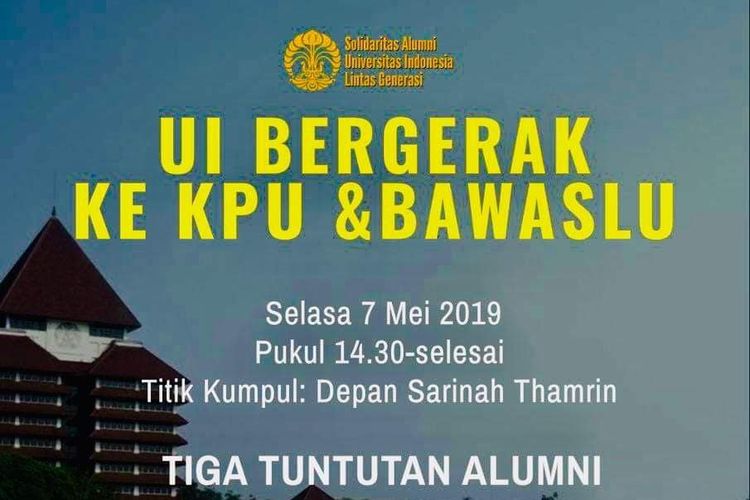 Selebaran universitas indonesia yang aksi alumni ke KPU, Selasa (7/5/2019).
