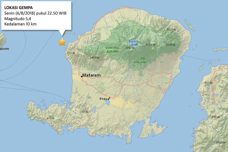 Lokasi gempa di Pulau Lombok, Nusa Tenggara Barat, Senin (6/8/2018) pukul 22.50 WIB.