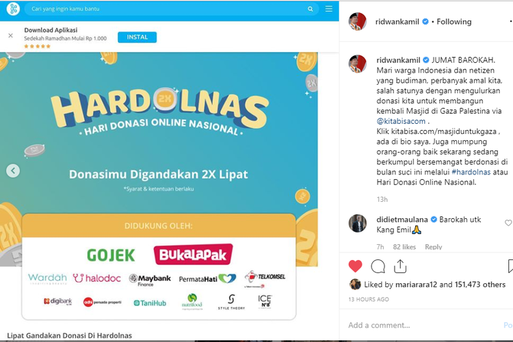 Screenshoot Instagram Gubernur Jawa Barat Ridwan Kamil mengenai Hardolnas yang diselenggarakan kitabisa.com, Sabtu (25/5/2019).