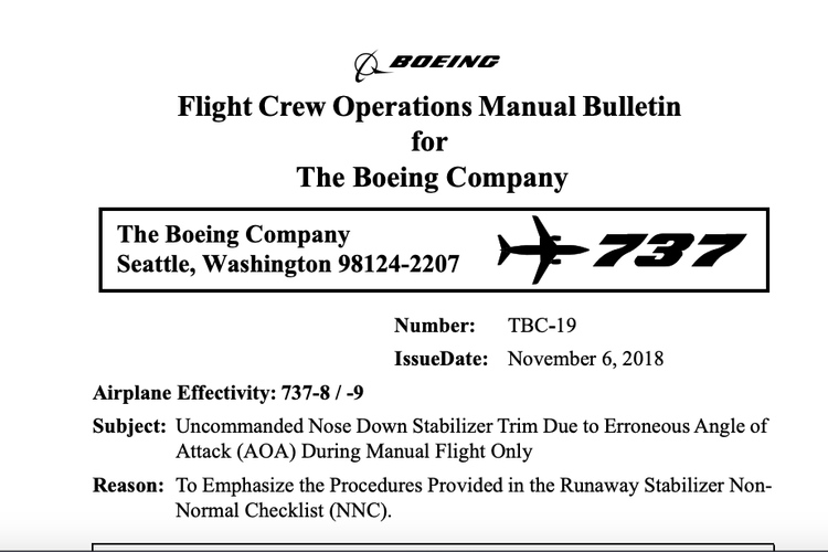 Buletin operasional manual yang dikeluarkan Boeing setelah Lion Air JT610 jatuh.