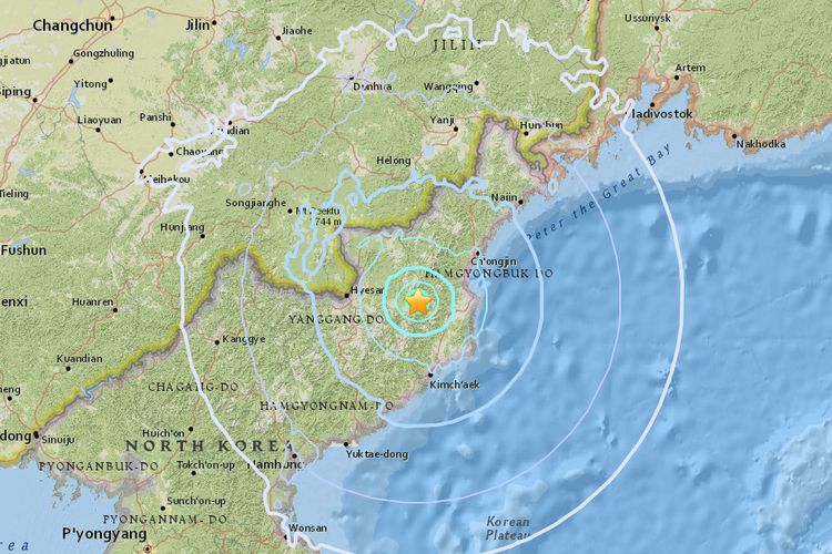 Pusat getaran yang diduga bersumber dari ledakan di Korea Utara, Minggu (3/9/2017).