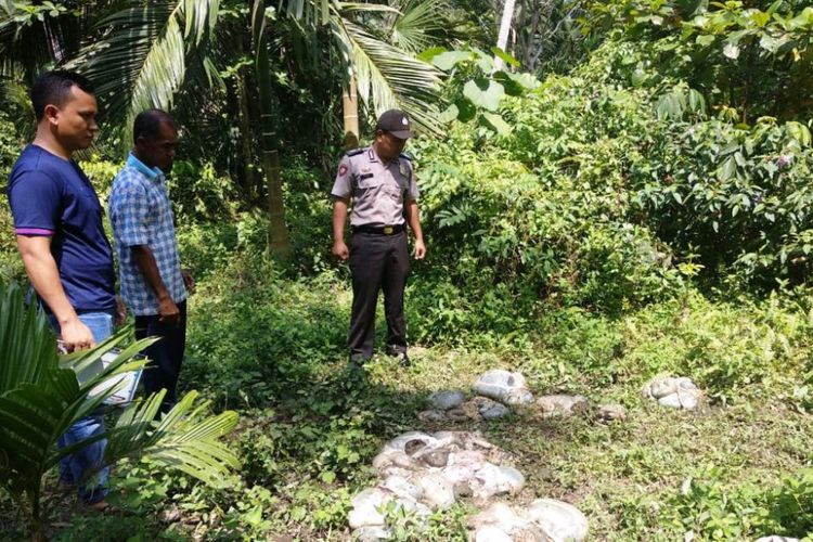 Polisi melihat lokasi kejadian kambing yang disembelih pencuri di di Desa Matang Sijuek Barat, Kecamatan Baktiya Barat, Kabupaten Aceh Utara, Senin (7/1/2019) 
