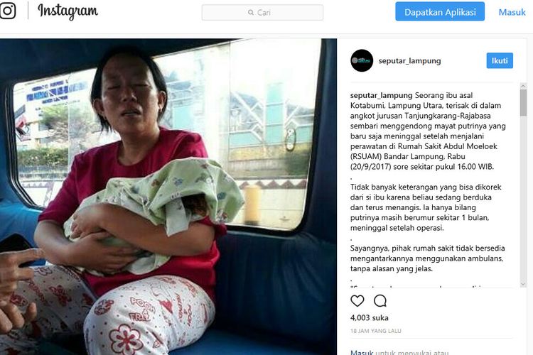 Seorang ibu menggendong jenazah bayi di dalam angkot sambil menangis menjadi viral di media sosial.