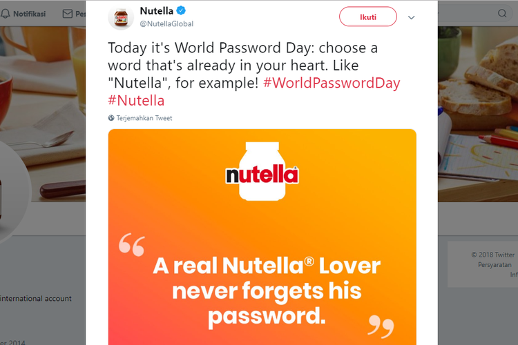 Tweet Nutella yang menyarankan pengikutnya untuk menggunakan kata Nutella sebagai password mereka.